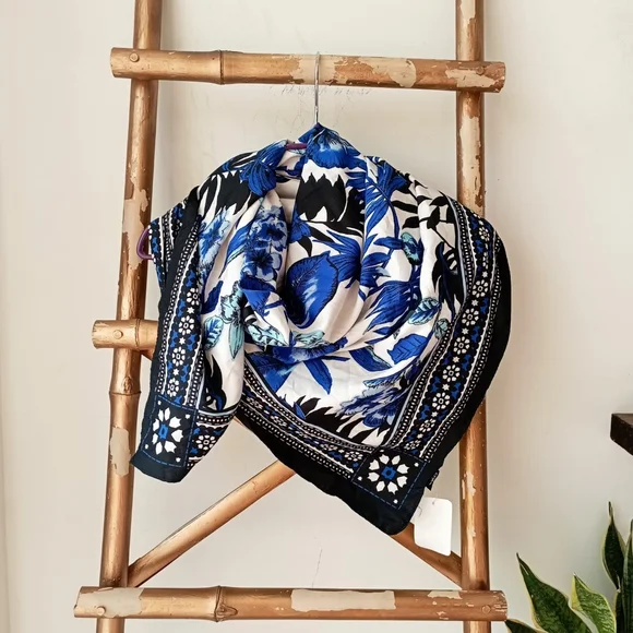 Floral Blue and White New Silky Scarf - Picture 7 of 9